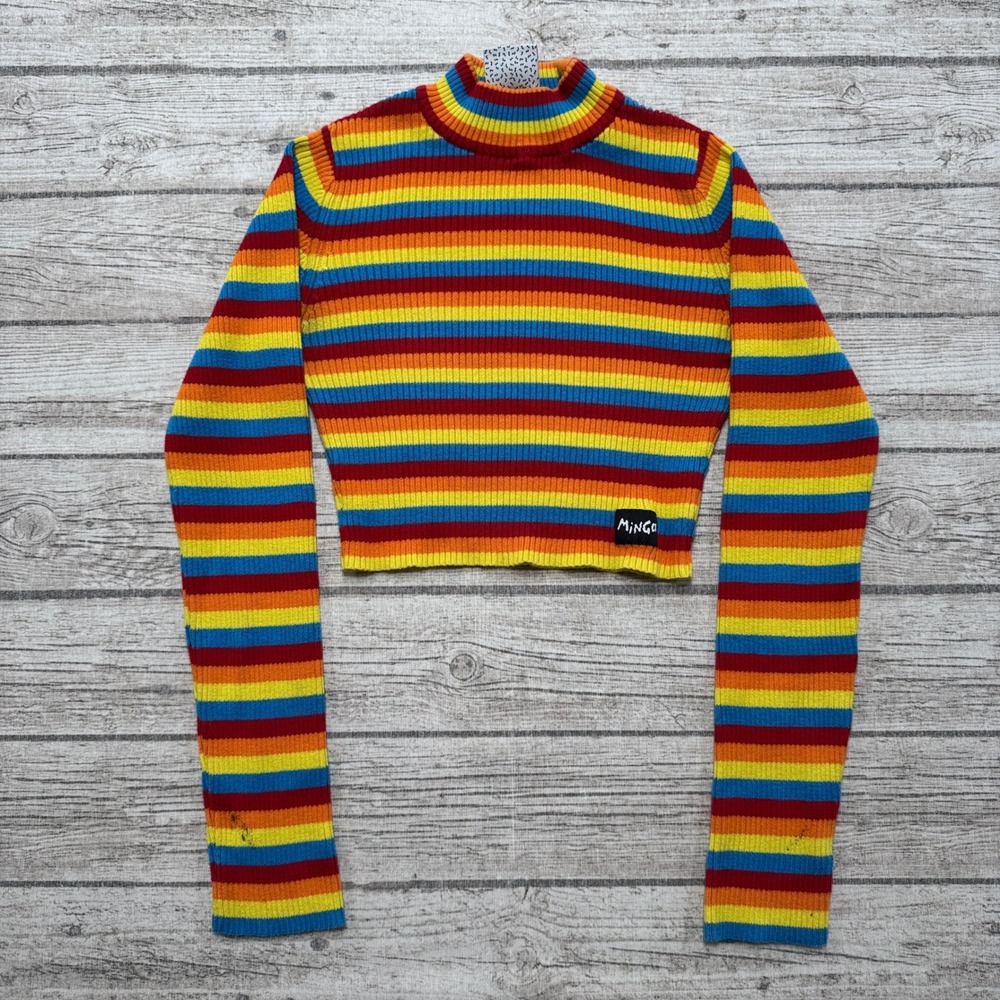 Minga London Sweater Women's XS/S Rainbow Striped Cropped Ribbed Knit Pullover